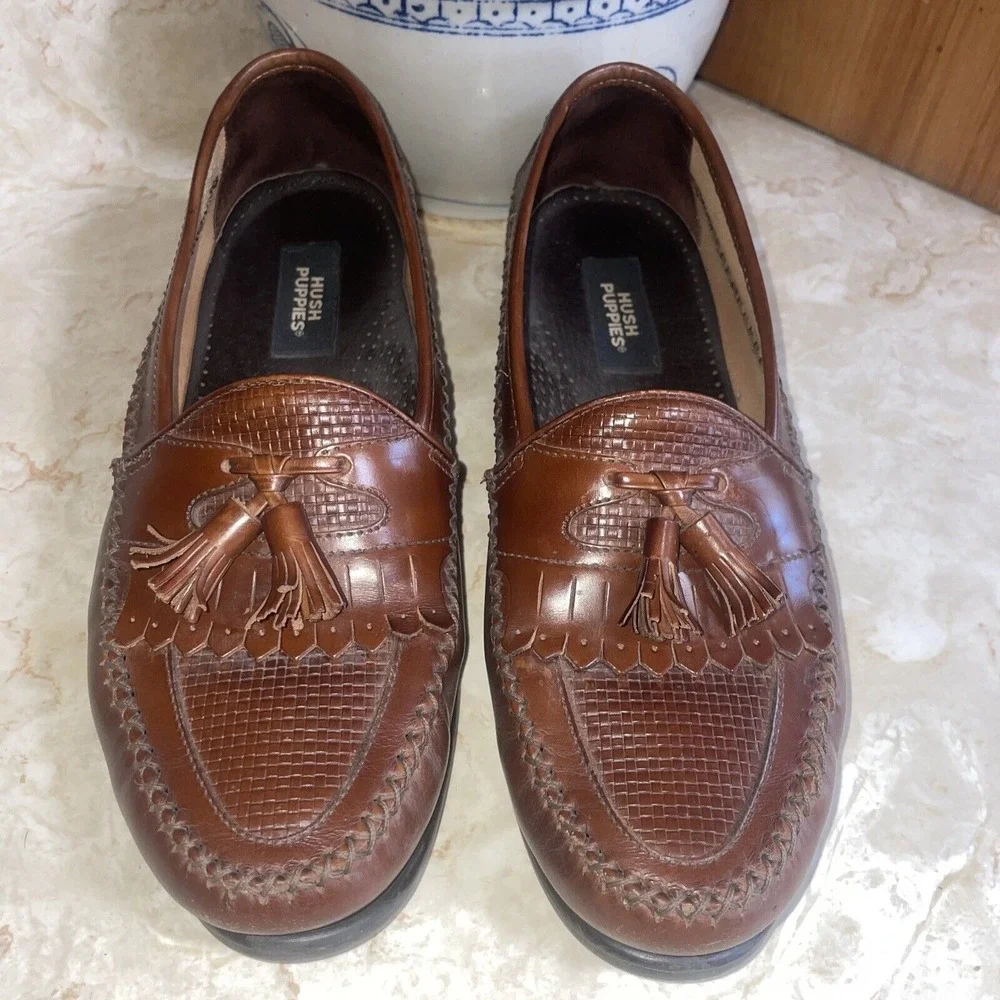 Hush Puppies Mens 10W San Remo Leather Loafers Shoes w/  Tassel Weave Brown‎